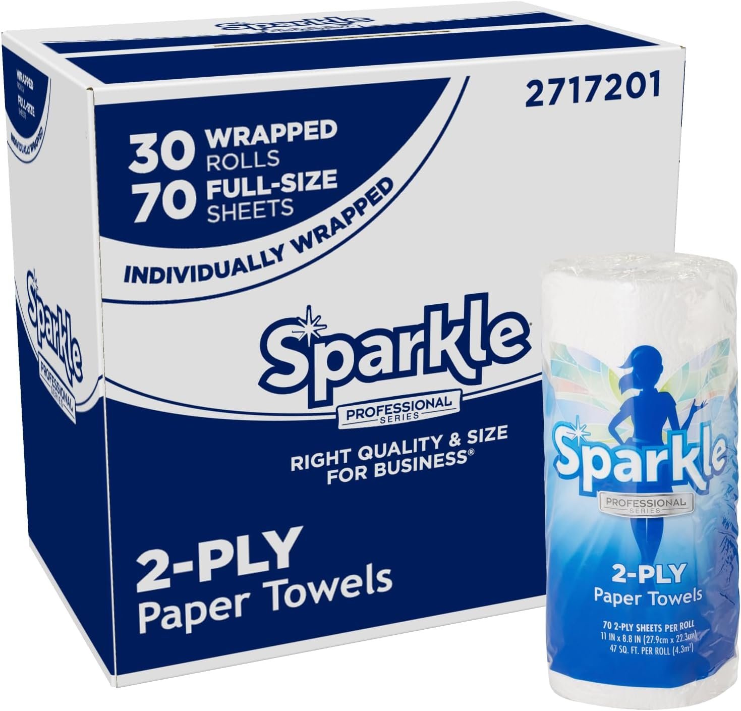 Sparkle Professional Series by Georgia-Pacific PRO 2-Ply Perforated Kitchen Paper Towel Rolls, Individually Wrapped, White, 11” x 8.8” (LxW), 70 Sheets/Roll, 30 Rolls/Case, 2717201