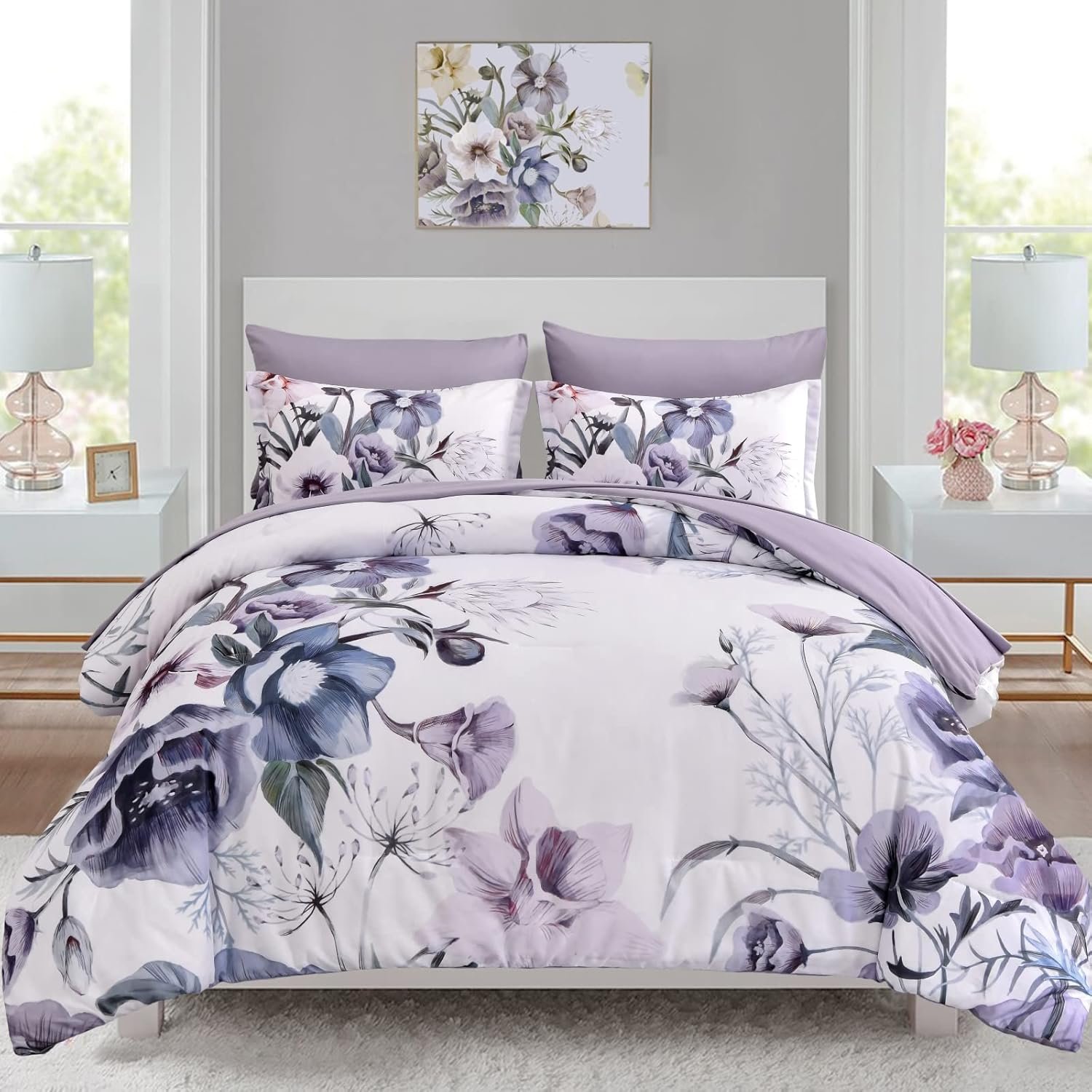 Luxudecor Floral Comforter Set Queen Size 7 Piece, Purple Flower Bed in a Bag, Elegant Floral Comforter with Sheet Set, Soft Microfiber Bedding Set for All Season (Purple, 90″x90″)