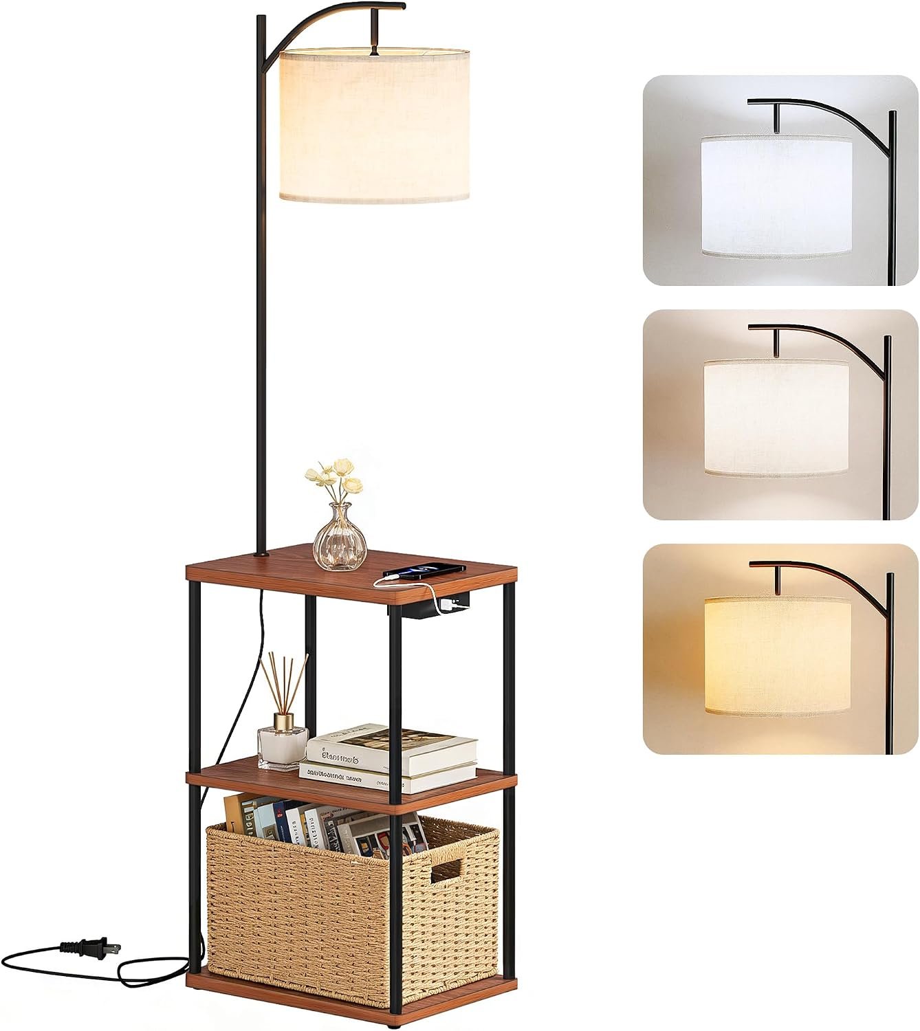 Floor Lamp with Charging Station, 3-Color Temperature LED Bulb (3000K Warm 4500K Natural 6000K Cool), Standing Light with USB & Type-C Ports, for Living Room Bedroom Office Dorm