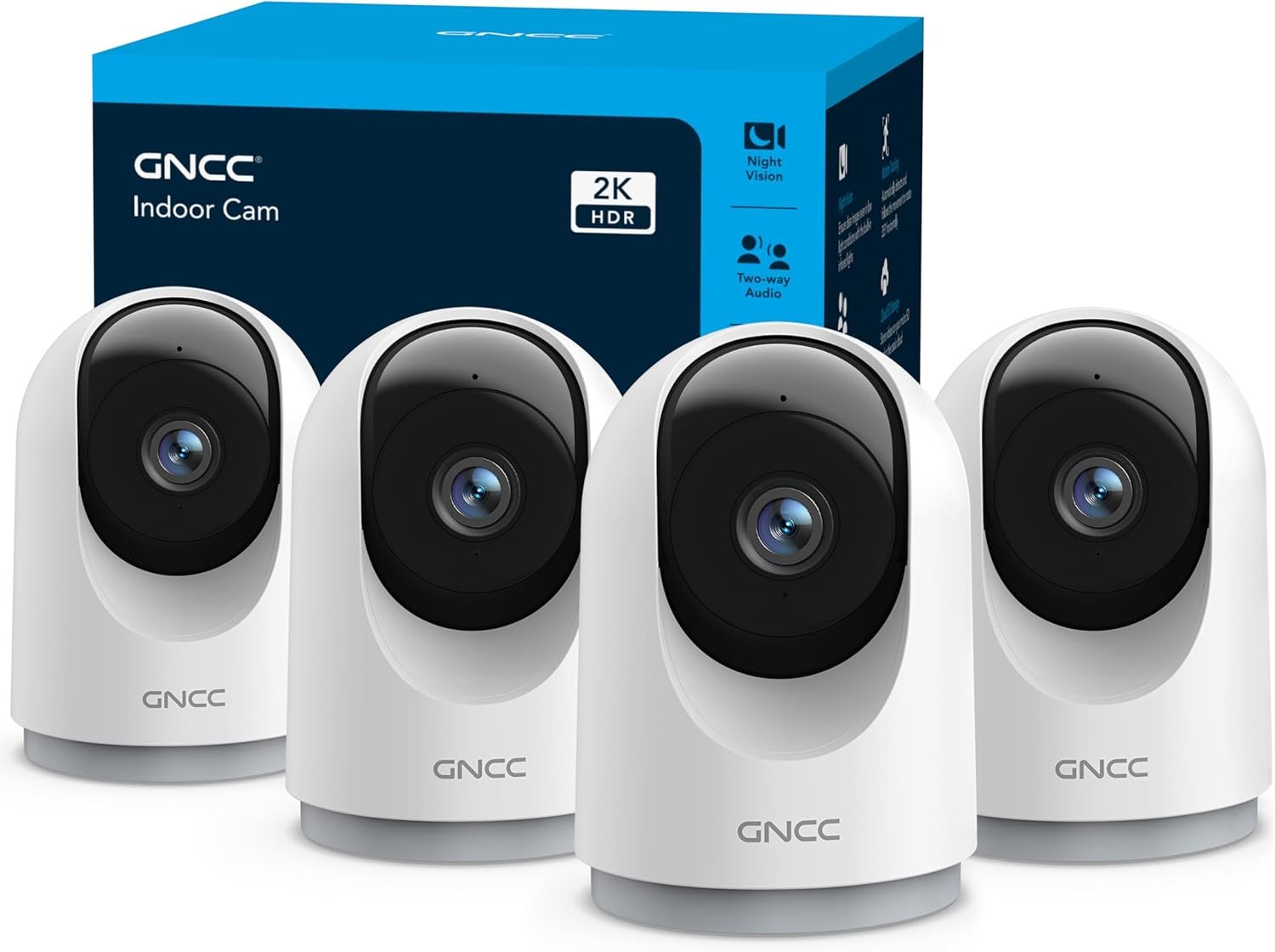 GNCC 2K Security Cameras 4pcs, Home Security Camera Indoor with 360° Motion Detection for Pets/Baby/Dog, Two-Way Audio, Night Vision, 24/7 SD Card Storage, Cloud Storage, Compatible with Alexa