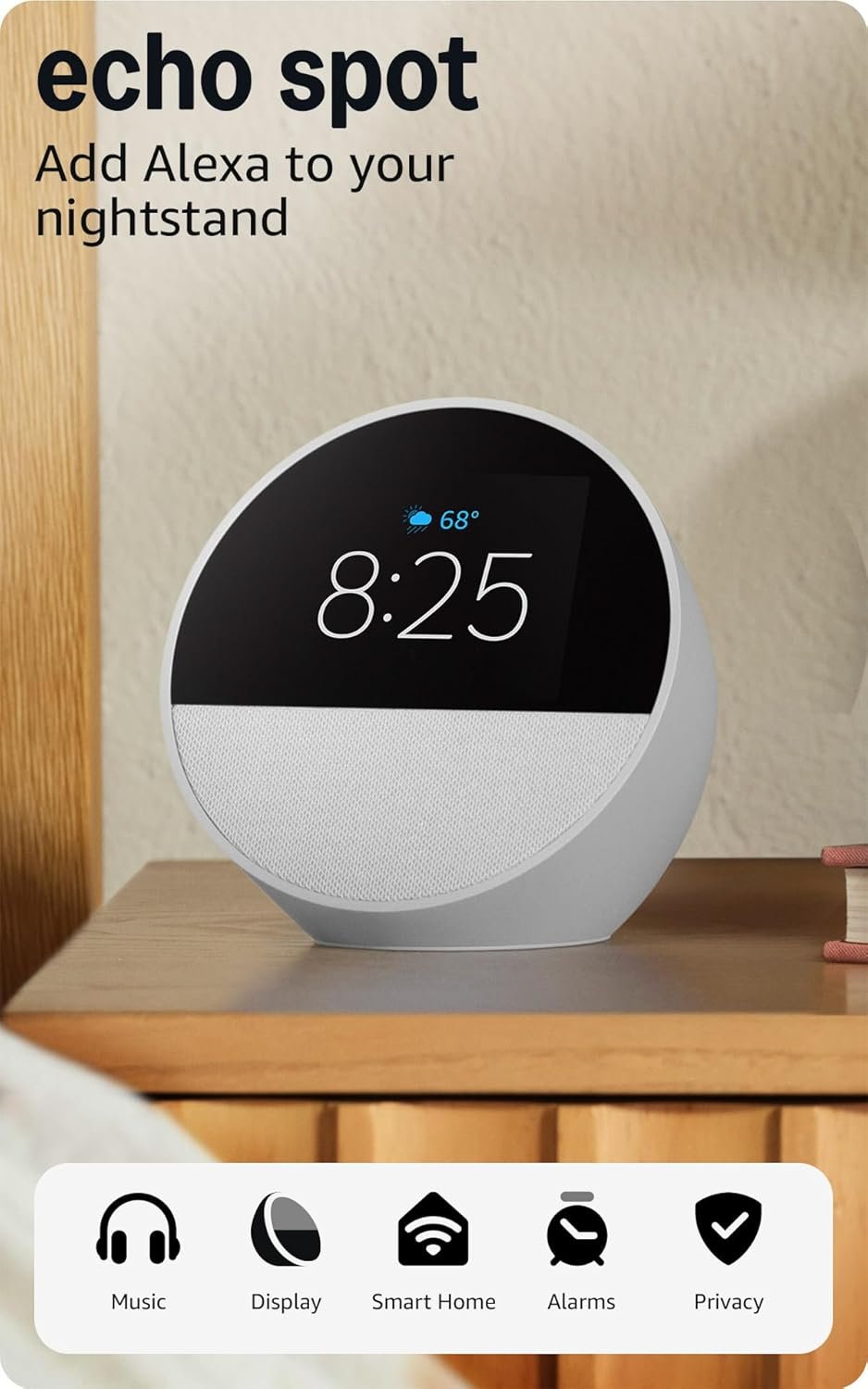 Like-New Amazon Echo Spot (newest model), Great for nightstands, offices and kitchens, Smart alarm clock, Designed for Alexa+, Glacier White