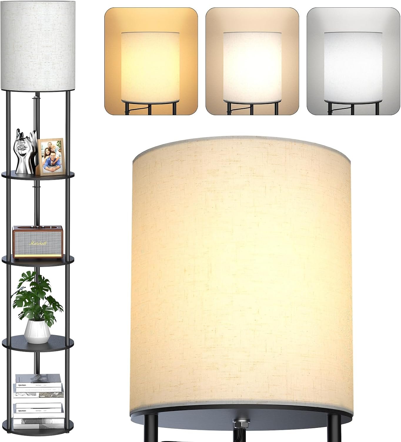 5-Tier Floor Lamp with Shelves, Standing Bookshelf Lamp, 3-Color LED, Corner Display Shelf Floor Lamp, Living Room Decor, Bedroom Decor, Nightstand, Office, Black (63” H)