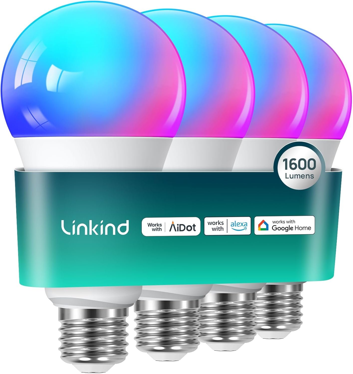 Linkind Smart Light Bulbs, 1600LM (100W Equivalent) A21 Smart Bulb, Compatible with Alexa & Google Home, 14W E26 RGBTW Color Changing Bulb with Music Sync, 2.4GHz Wi-Fi & Bluetooth, 4Pack