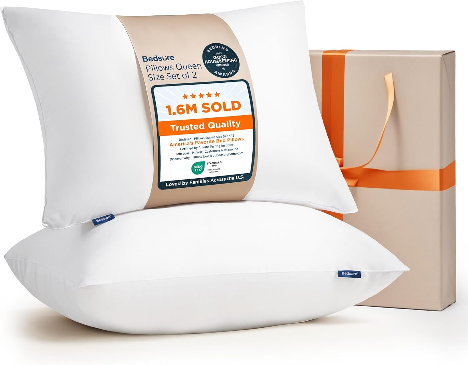 Bedsure Pillows Queen Size Set of 2 – Hotel Collection Bed Pillows for Sleeping, with Down Alternative Filling, Soft Support for Back, Stomach or Side Sleepers, Queen/Full, 28″x19″, White, 2 Pack