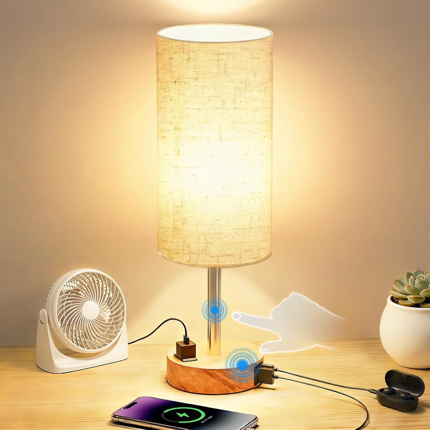 Table Lamp for Nightstand, High-Sensitivity Touch, 3-Level Dimmable Bedside Lamp with AC Outlet | USB | and USB-C, Ideal Night Stand Lamp for Bedroom, Reading, Living Room(Warm&Wooden)