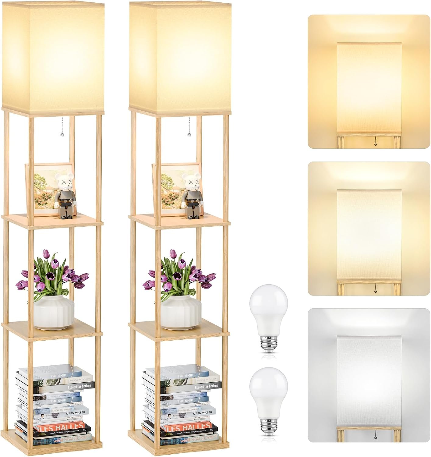 Coucrek 2-Pack Floor Lamp with Shelves, 3CCT 950LM Bright LED Bulb Included, 3-Tier Bookshelf Standing Shelf Lamp for Living Room, Bedroom, Office
