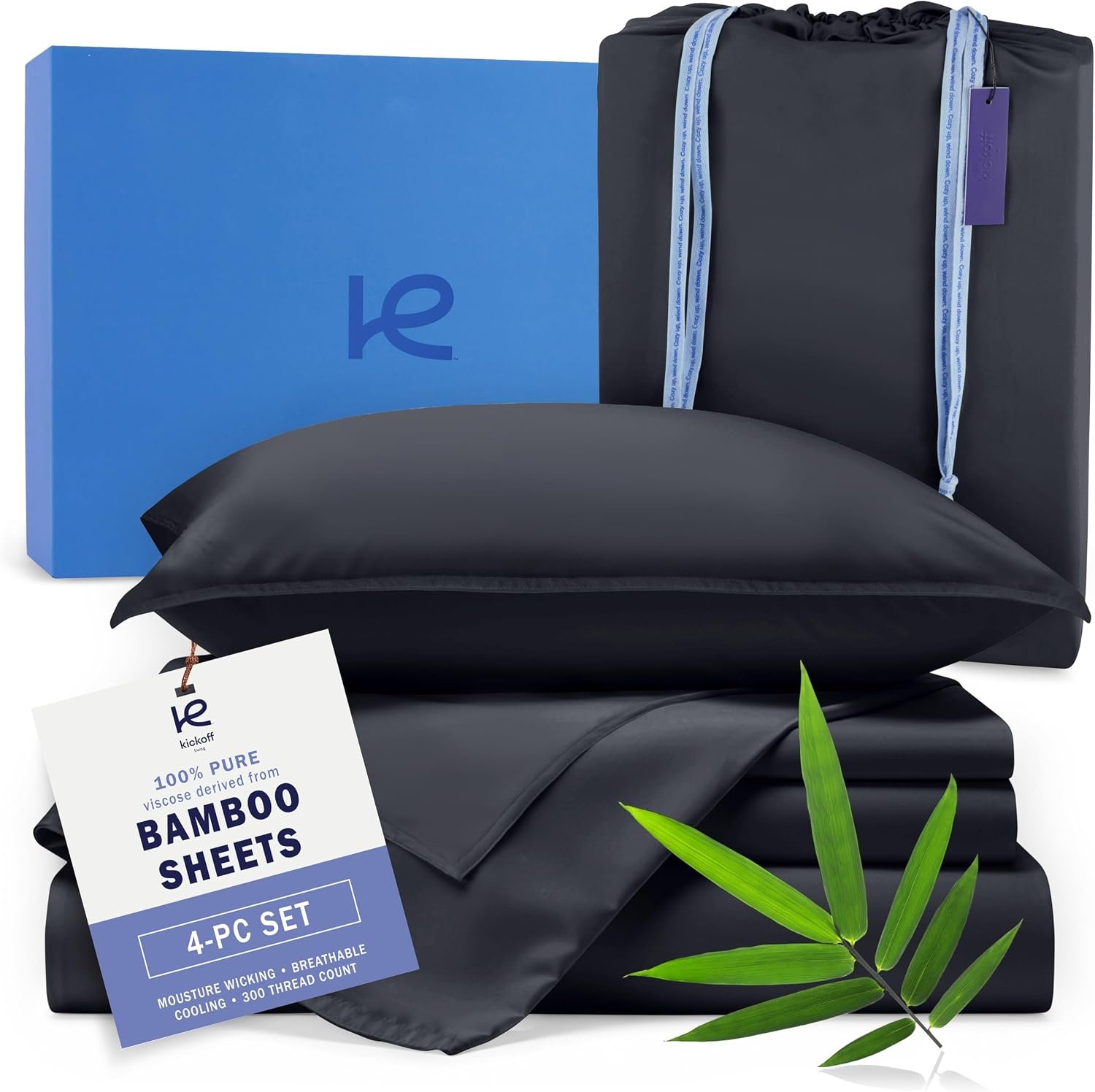 Kickoff Viscose Bamboo Sheets King Size 4-pc 100% Organic Bamboo Viscose Bed Cooling Sheets King Size Set Cool Bedding for hot Sleepers Sheet Set – Gift Ready Packaging (Black,K)
