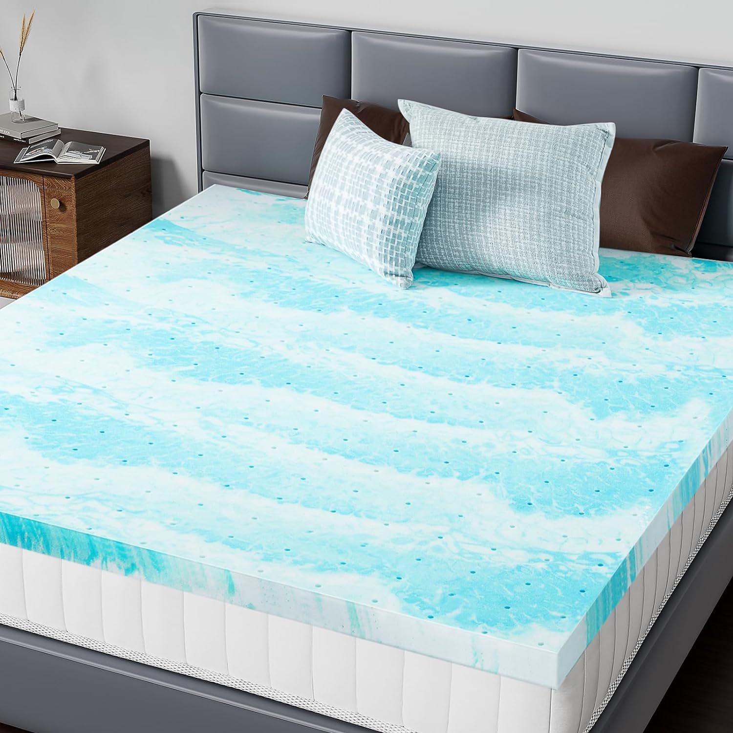 DUMOS Memory Foam Mattress Topper Queen, 2 Inch Thick Gel Infused Bed Toppers for Queen Size Bed, Soft Mattress Pads for Sleeper Sofa, RV, Camper, CertiPUR-US Certified, Blue