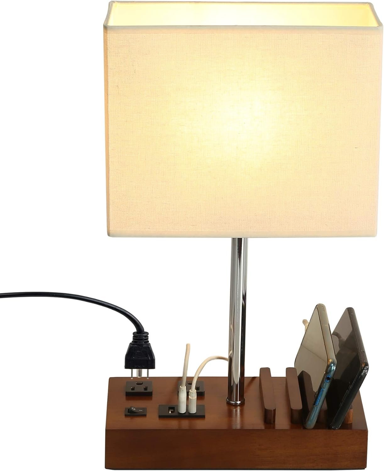 Briever USB Table Lamp, Multi-Functional Desk Lamp with 2 AC Outlets, Bedside Lamp with 3 USB Charging Ports and Wooden Phone Stands, Nightstand Lamp for Bedroom, Livingroom, Office, Walnut Wood