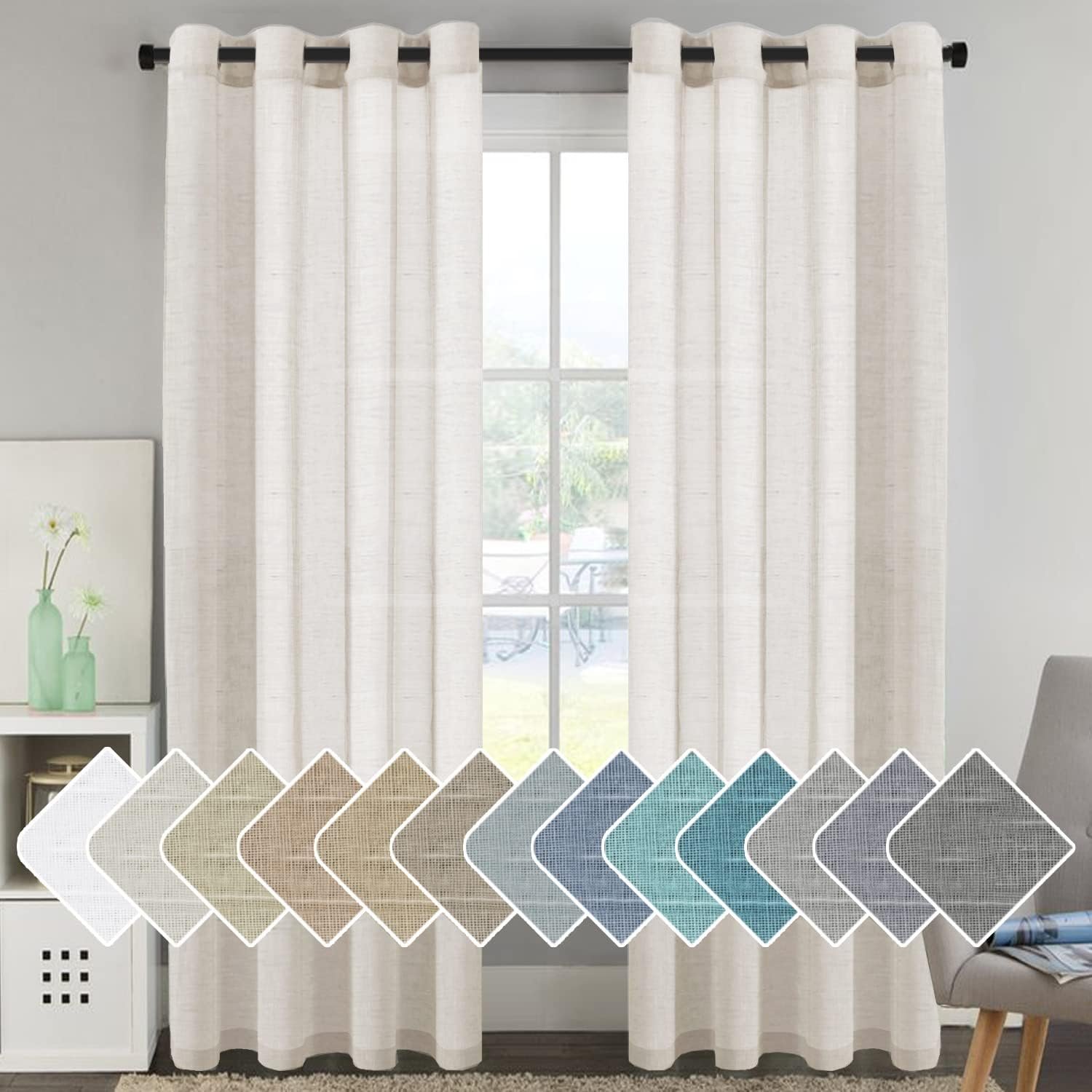 H.VERSAILTEX Curtains 96 inches Long Linen Curtains/Natural Linen Blended Sheer Curtain/Panels/Drapes for Living Room, Home Decorative Privacy Window Treatment Nickel Grommets, Natural