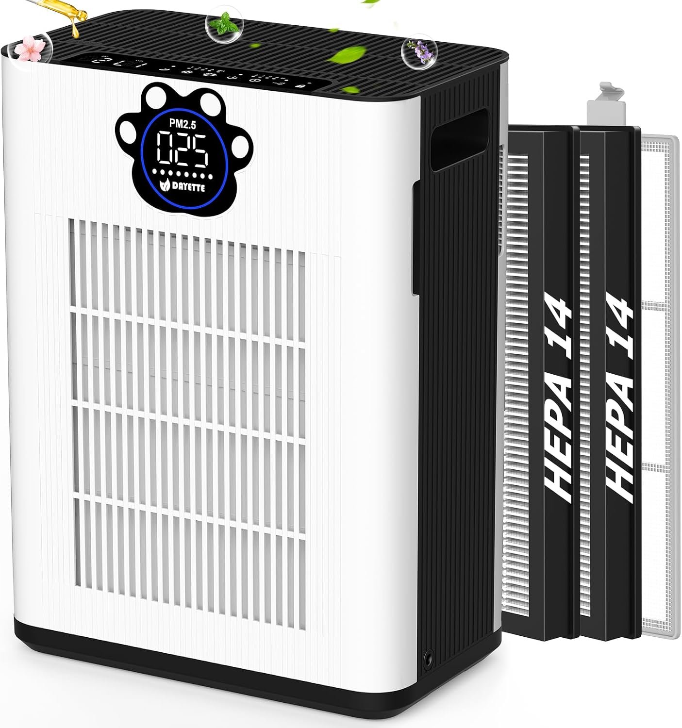 DAYETTE Air Purifiers for Home Large Room Up to 3400 Ft² with TVOC & PM2.5 Sensors, Pet Mode, Aromatherapy, Double Air Inlet Air Cleaner with 2x H14 HEPA Filters for Smoke Dust Pets Hair Odor, White