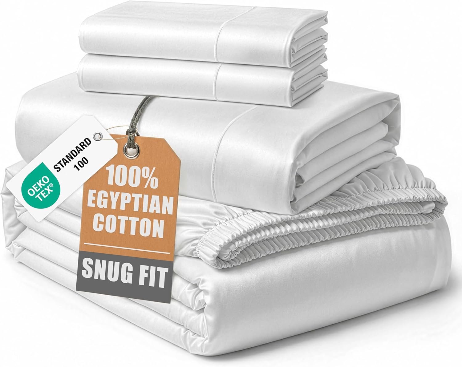 100% Egyptian Cotton Sheets King Size – Naturally Cooling & Breathable 4 Piece Silky Sateen Weave King Size Sheets Set, Ultra-Soft & Durable Hotel Luxury Sheets with 15″ Snug Fit Deep Pockets – White