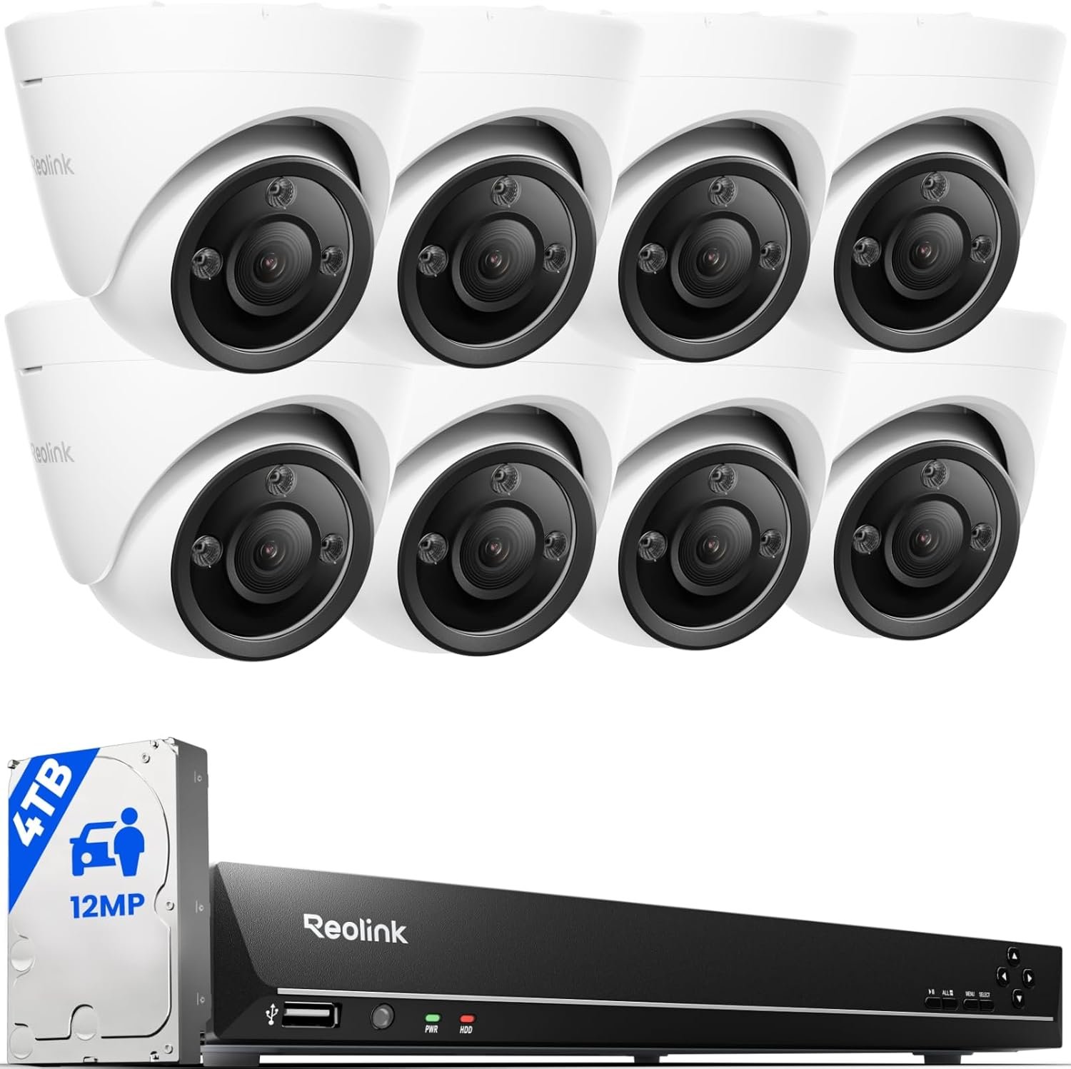REOLINK 16CH 12MP PoE Security Camera System with 4TB HDD RLK16-1200D8-A | 8pcs H.265 12MP Security PoE Cameras, Person Vehicle Pet Detection, Two-Way Talk, Spotlights Color Night Vision, 16CH NVR