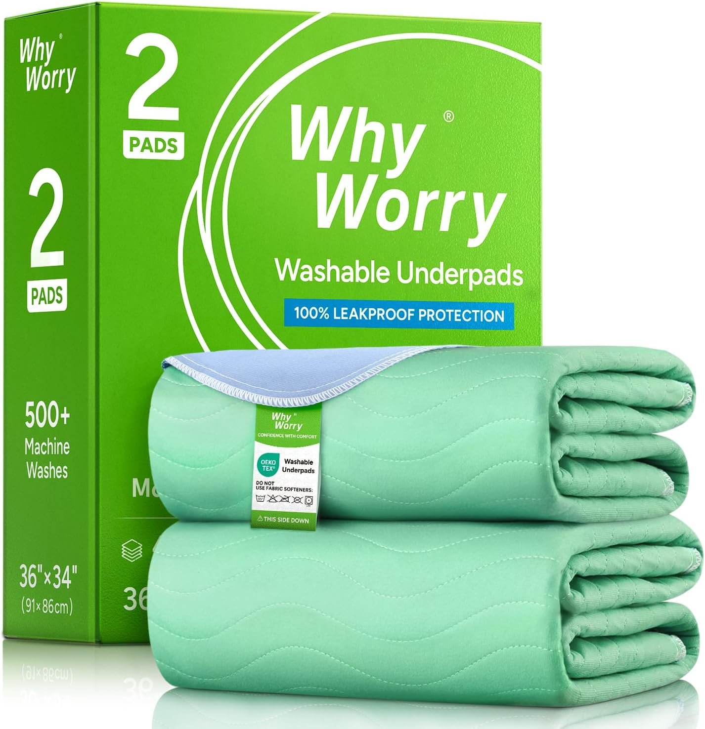 WhyWorry Washable Bed Pads for Adult Incontinence, 34″ x 36″ (Pack of 2) Washable Pee Pads for Bed Wetting, Heavy Absorbency Reusable Underpads for Elderly & Kids, Waterproof Mattress Protector, Green