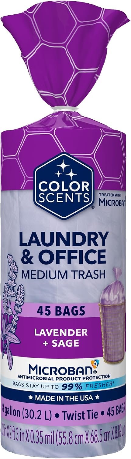 Color Scents Medium Trash Bags – 8 Gallon, 45 Bags (1 Pack of 45 Bags) Twist Tie – Purple in Lavender + Sage Scent with Microban
