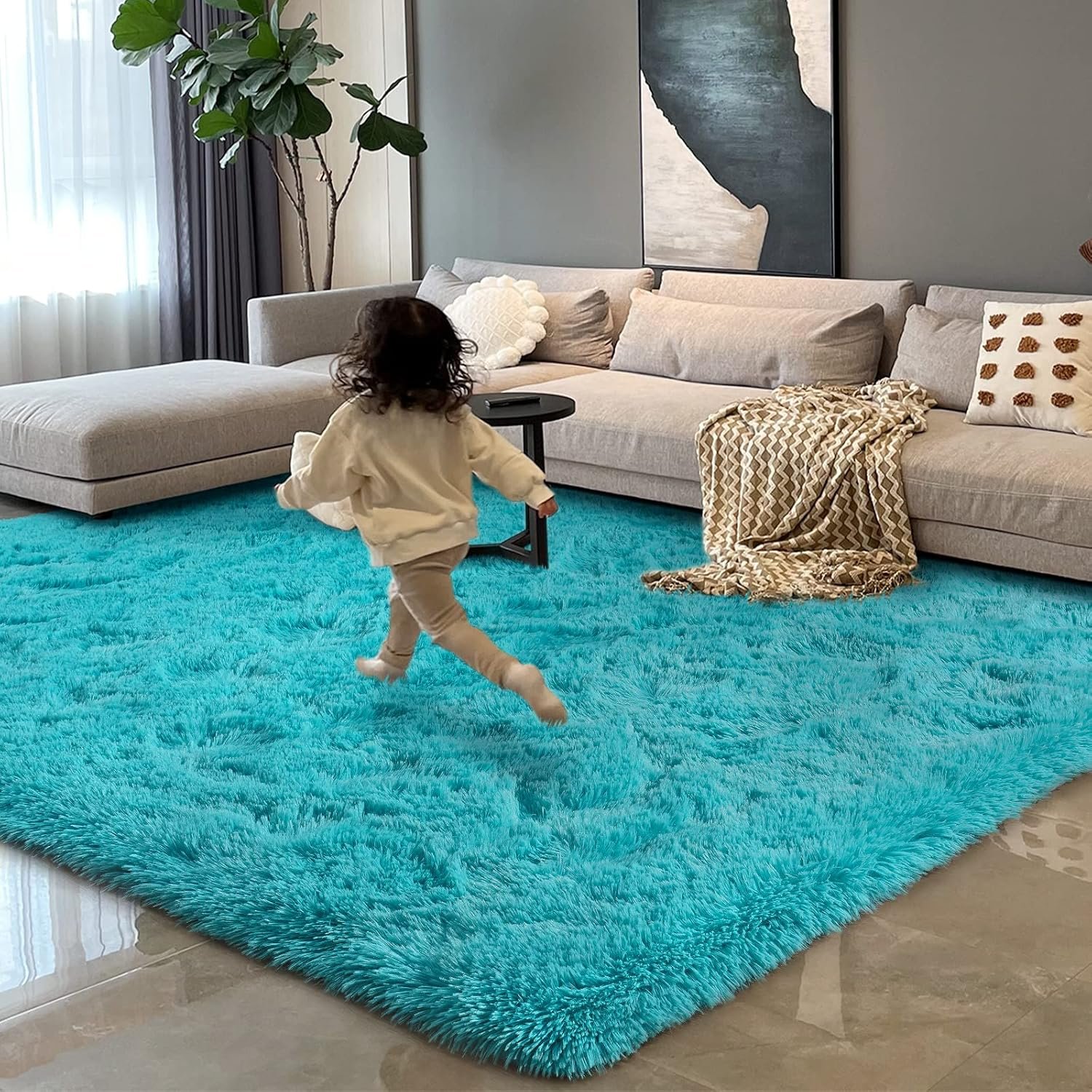 HOMORE Luxury Fluffy Area Rug Modern Shag Rugs for Bedroom Living Room, Super Soft and Comfy Carpet, Cute Carpets for Kids Nursery Girls Home, 4×6 Feet Turquoise Blue