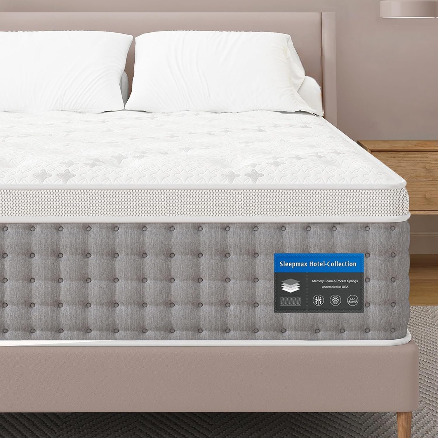 Sleepmax Queen Mattress 14 Inch – Hotel-Collection Hybrid Mattress Pain Relieving – Extra Lumbar & Hip Support – Cooling Bed in a Box Spine Alignment – CertiPUR-US, Fiberglass-Free, 365-Night Trial