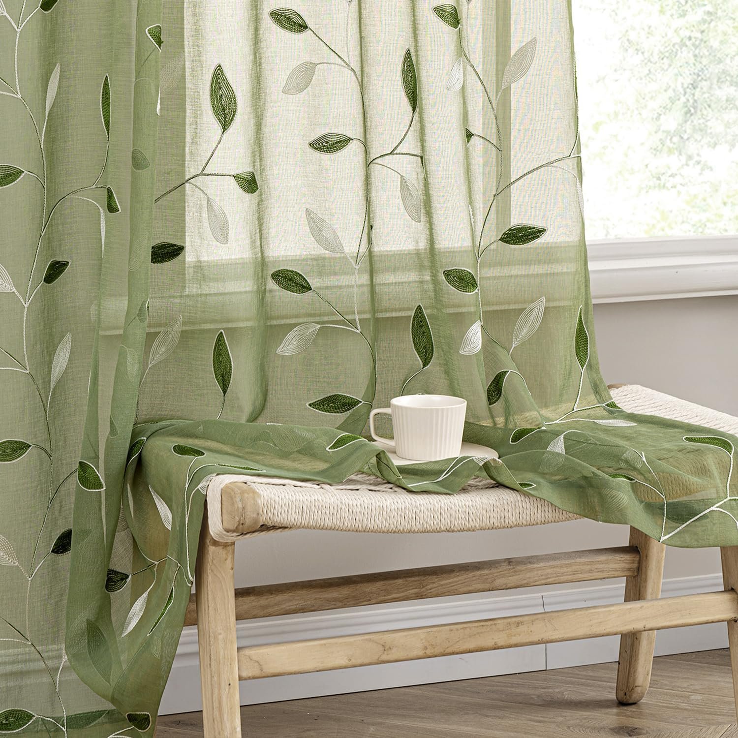 MIULEE Sage Green Sheer Curtains 2 Panels Embroidered Leaf Patterned Rod Pocket Floral Semi Sheer Faux Linen Window Curtains Drapes Set for Living Room Bedroom Dining Room, 52×84 Inches Long