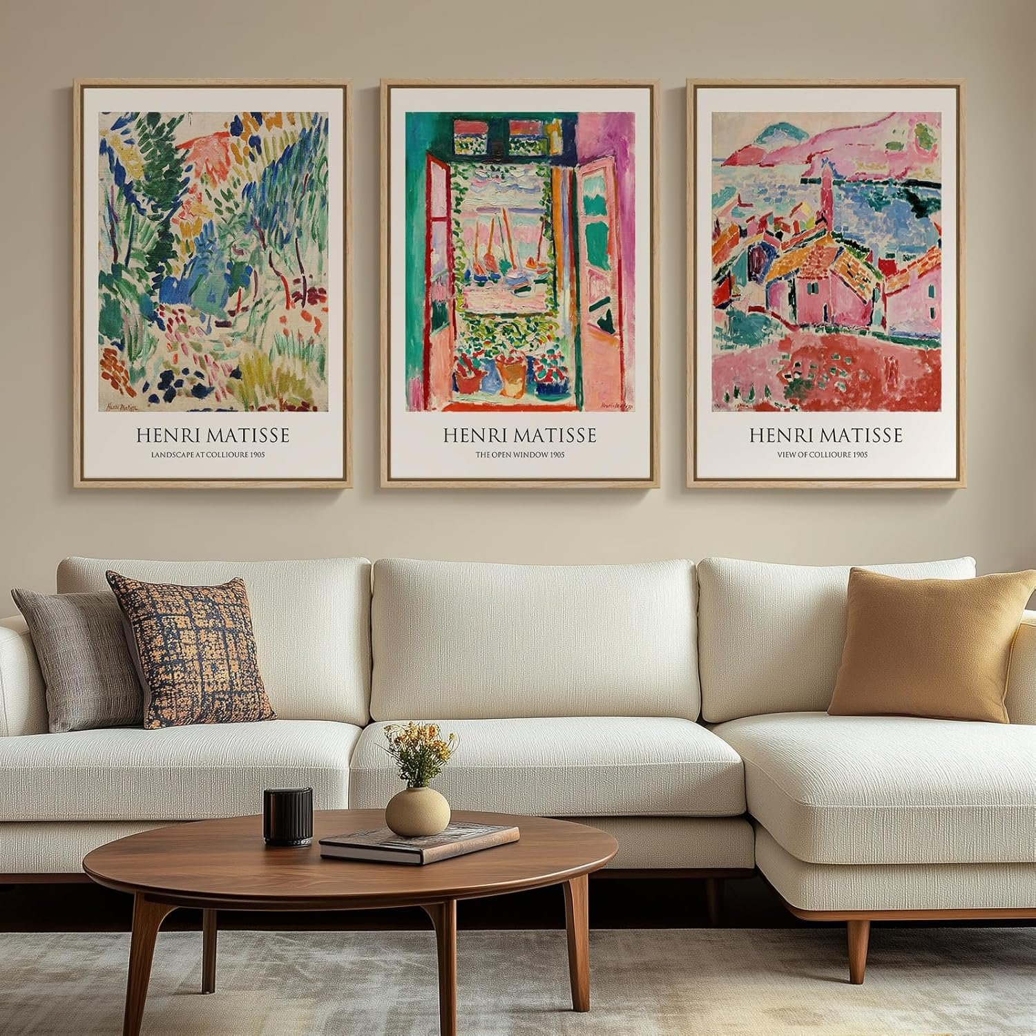 Large Framed Matisse Wall Art for Living room, 3 Piece Colorful Abstract Canvas Artwork for Walls, Retro Vintage Big Matisse Famous Landscape Paintings Prints Pictures for Hallway Home Office 24×36