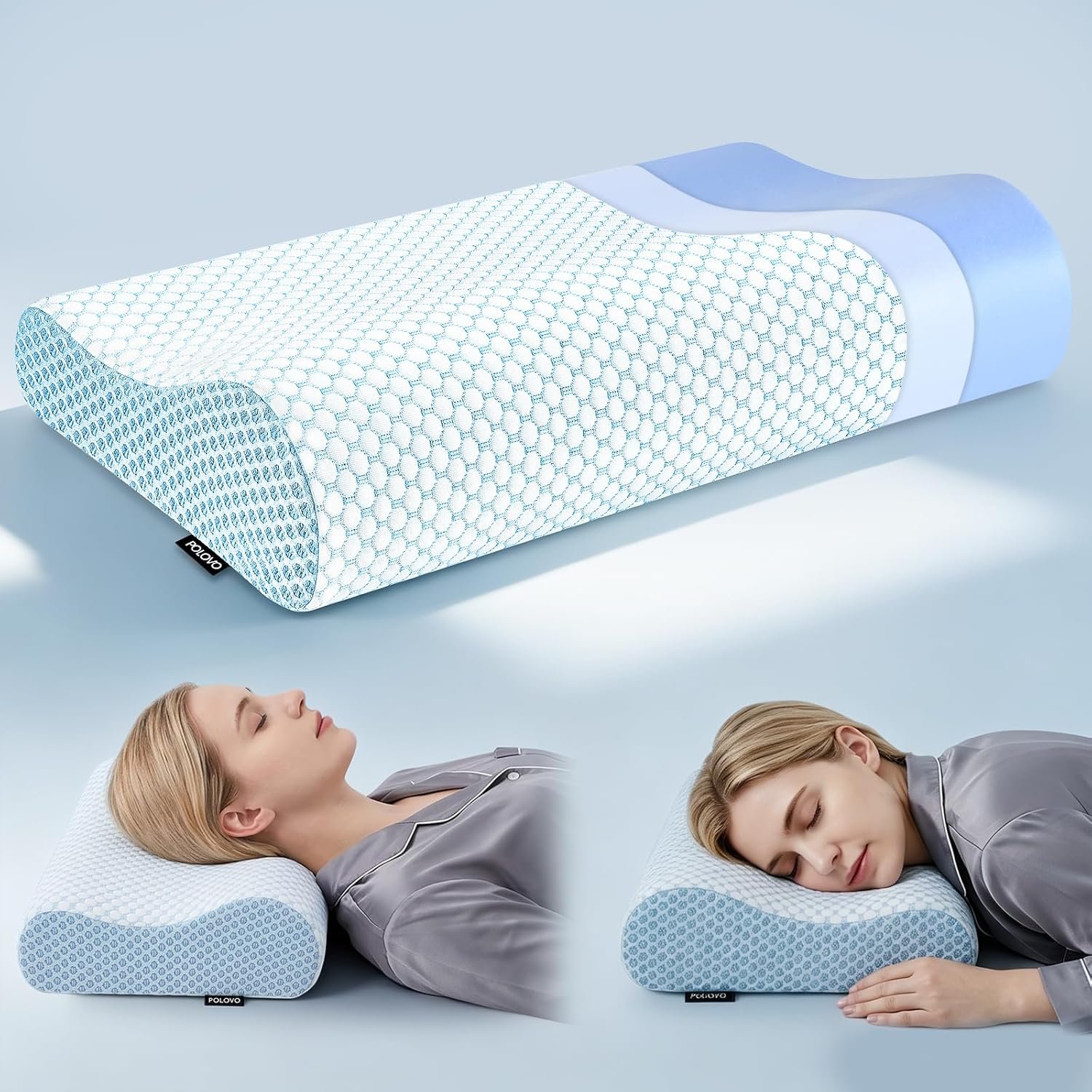 Polovo Neck Pillow Memory Foam Pillows for Sleeping, Ergonomic Cervical Pillow Neck Support Pillow Bed Pillow for Side Back Stomach Sleepers, Contour Pillow for Neck and Shoulder Pain Relief (Blue)