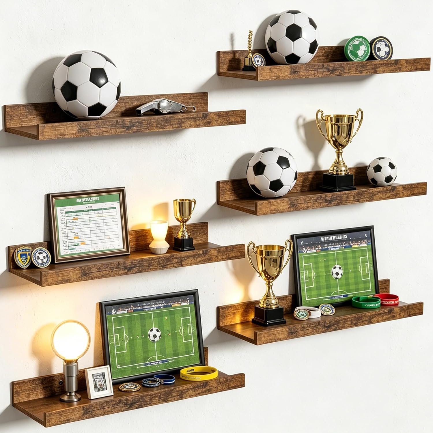 upsimples 6 Pack Wooden Floating Shelves, Wall Storage Decor Shelf for Bathroom, Bedroom, Living Room, Kitchen, Office and Laundry Room, Wall Mounted Display Hanging Shelf, Brown