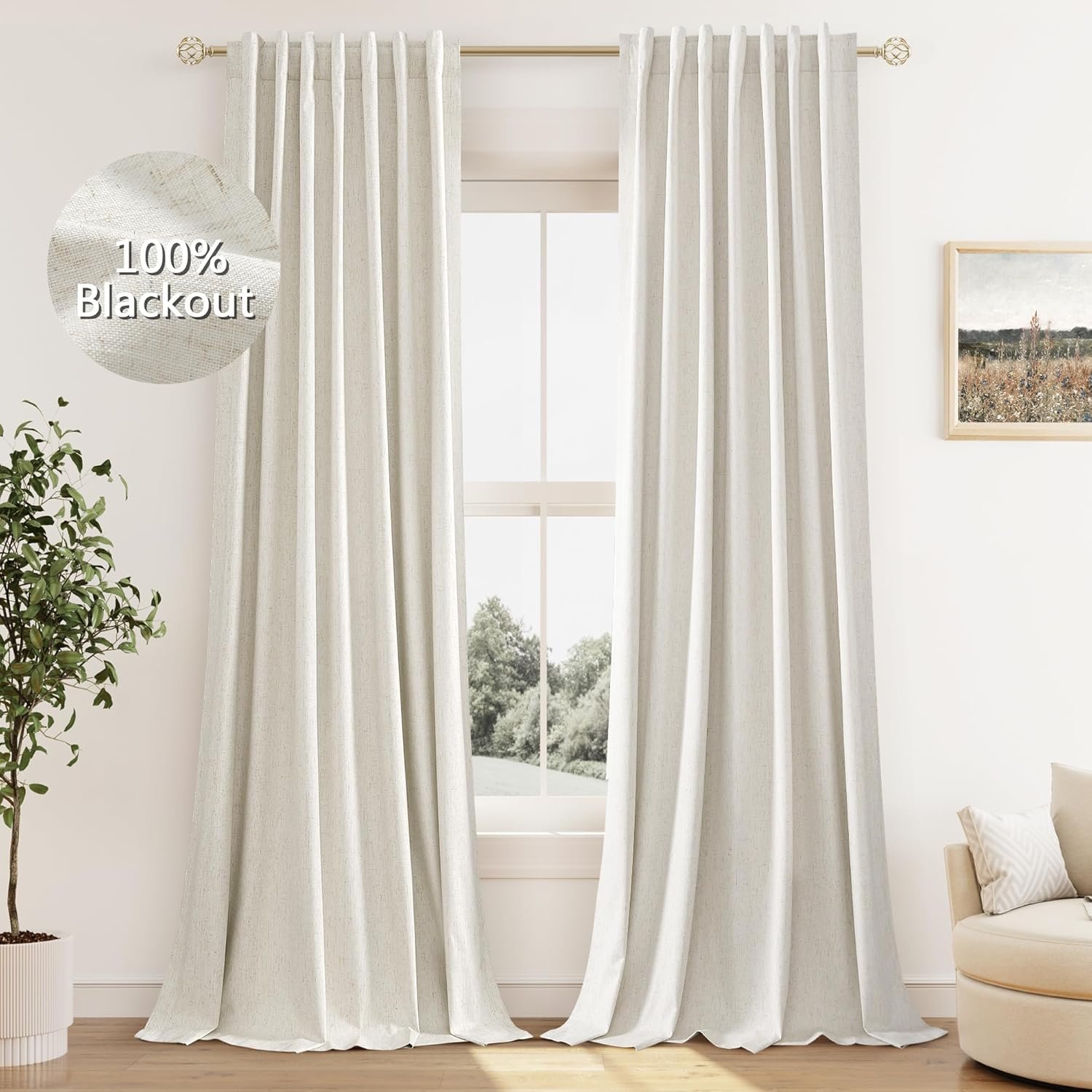 Guken Cream Linen Blackout Curtains 84 Inch Length 2 Panels Set for Living Room Bedroom Back Tab Thermal Insulated 100% Black Out Drapes Room Darkening Window Curtain Ivory Natural Beige
