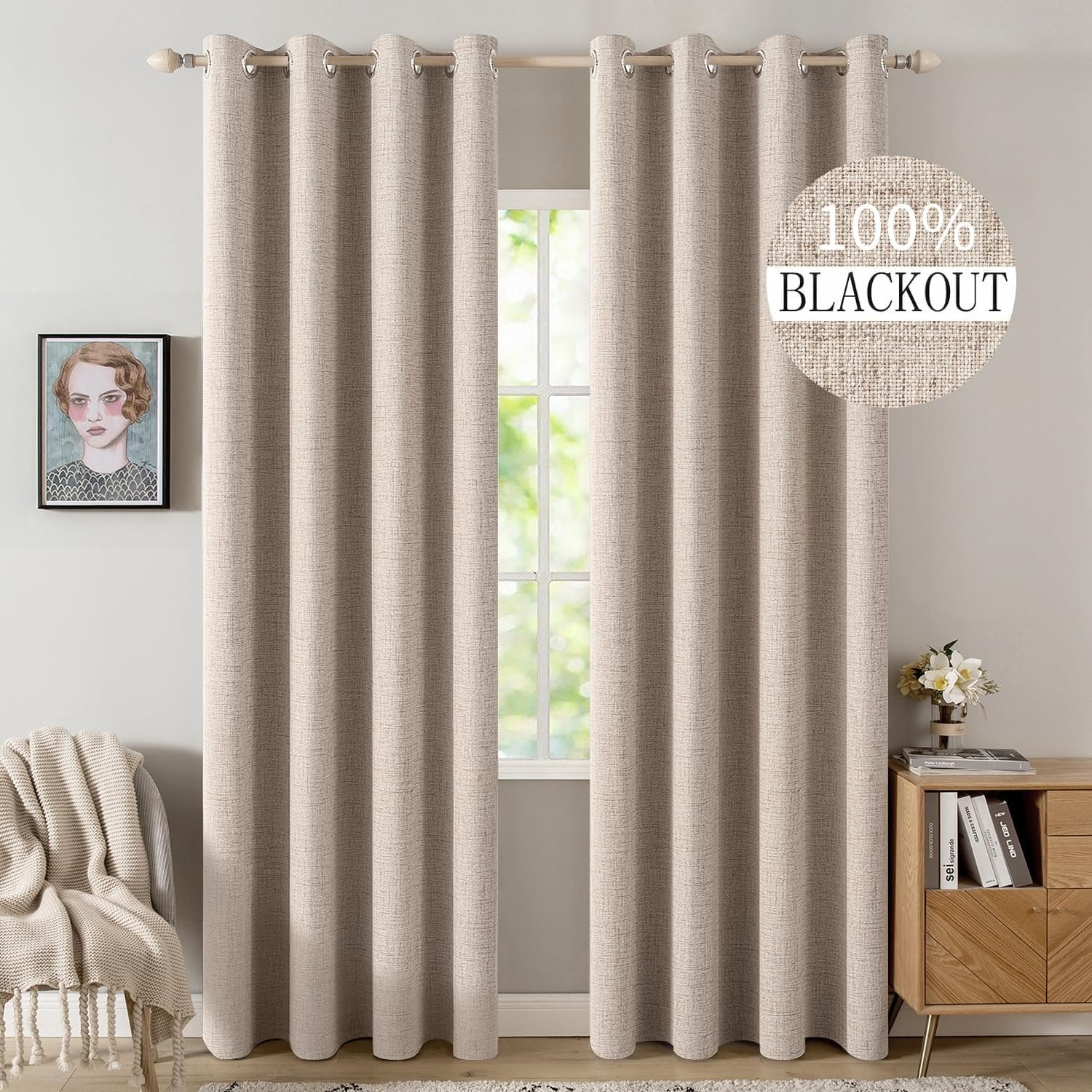 MIULEE 100% Blackout Linen Textured Curtains for Bedroom Solid Thermal Insulated Natural Beige Grommet Room Darkening Curtains & Drapes Luxury Decor for Living Room 52 x 96 Inch (2 Panels)