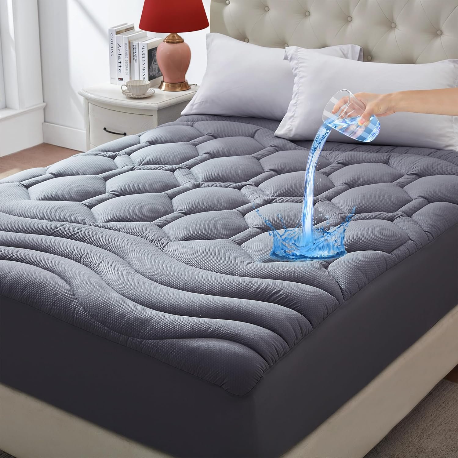 ELVEN HOME King Size Mattress Pad Waterproof, Cooling Mattress Topper Noiseless, Leak Proof Mattress Protector Deep Pocket Washable, Quilted Fitted Soft King Mattress Pad Cover (78×80 inch, Grey)
