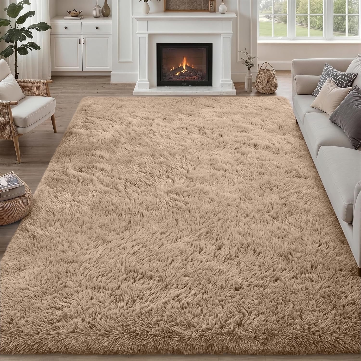 8×10 Area Rugs for Living Room Bedroom: Ultra Soft Fluffy Shag Rug Upgrade Non-Slip Non-Shedding Large Fuzzy Plush Carpet Indoor Floor Carpets for Kids Room Playroom Nursery Dorms Home Decor Beige