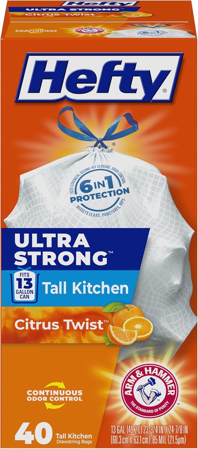 Hefty Ultra Strong Tall Kitchen Trash Bags – Citrus Twist, 13 Gallon, 40 Count
