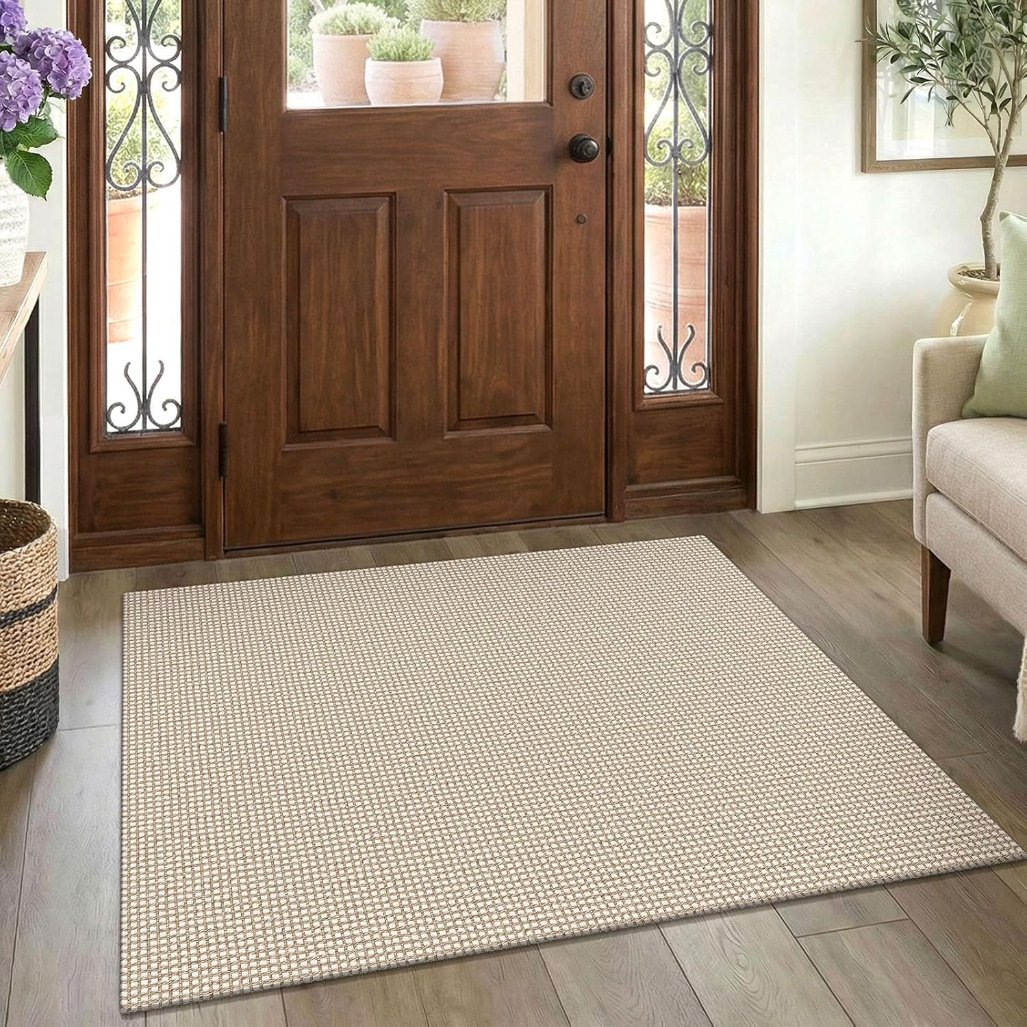 EARTHALL Woven Area Rug 3×4 Ft Washable Rugs for Entryway Braided Non Slip Rubber Backed Throw Rugs Door Mat Indoor Outdoor Entrance Cotton Carpet for Kitchen Foyer Front Door, Beige/Ivory