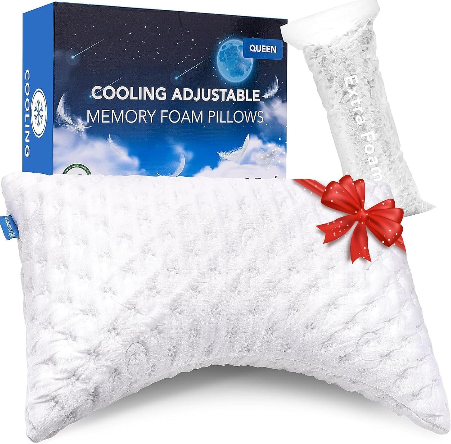 KUCEY Cooling Side Sleeper Pillow for Neck and Shoulder Pain, Luxury Shredded Memory Foam Curved Bed Pillows for Sleeping Set of 1- Adjustable Queen Size- Washable Cover Crescent White