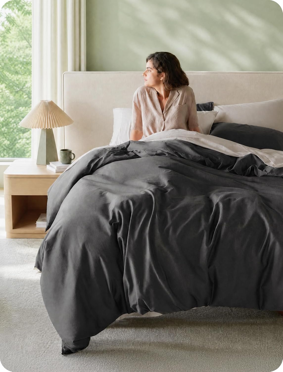 Bedsure 100% Organic Cotton Queen Duvet Cover Set, Charcoal Grey, 90″ x 90″ | GOTS Certified, Luxury PureWoven, Zipper Closure, Ultra-Soft Breathable, 2 Pillow Shams Included, 8 Ties, for Sensitive Skins