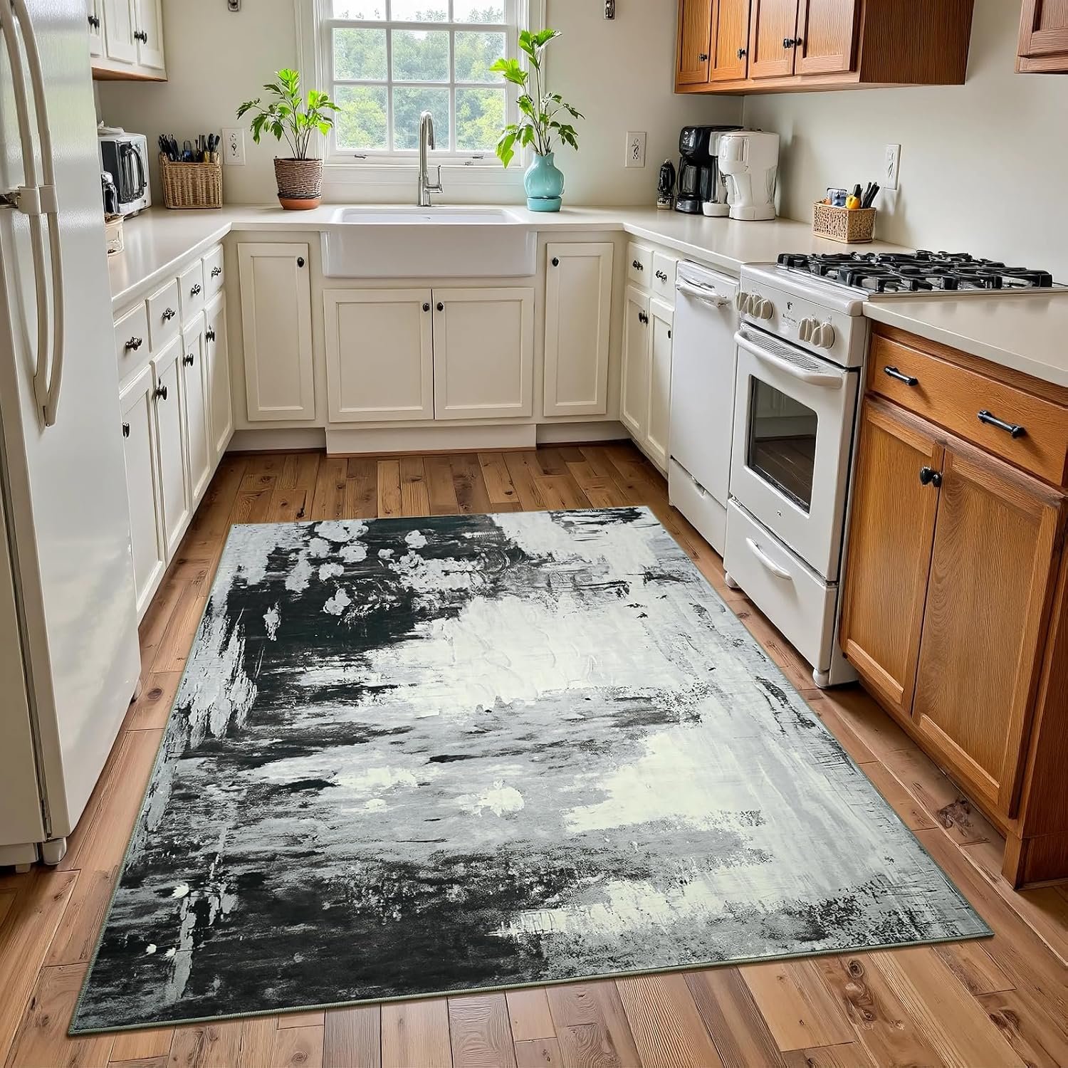 4×6 Grey Washable Area Rug for Bedroom Bedside Entryway Entrance | Non-Slip, Faux Wool Abstract, Low-Pile Stain Resistant, Foldable Carpet for Kitchen Living Room Laundry Dining Room Office