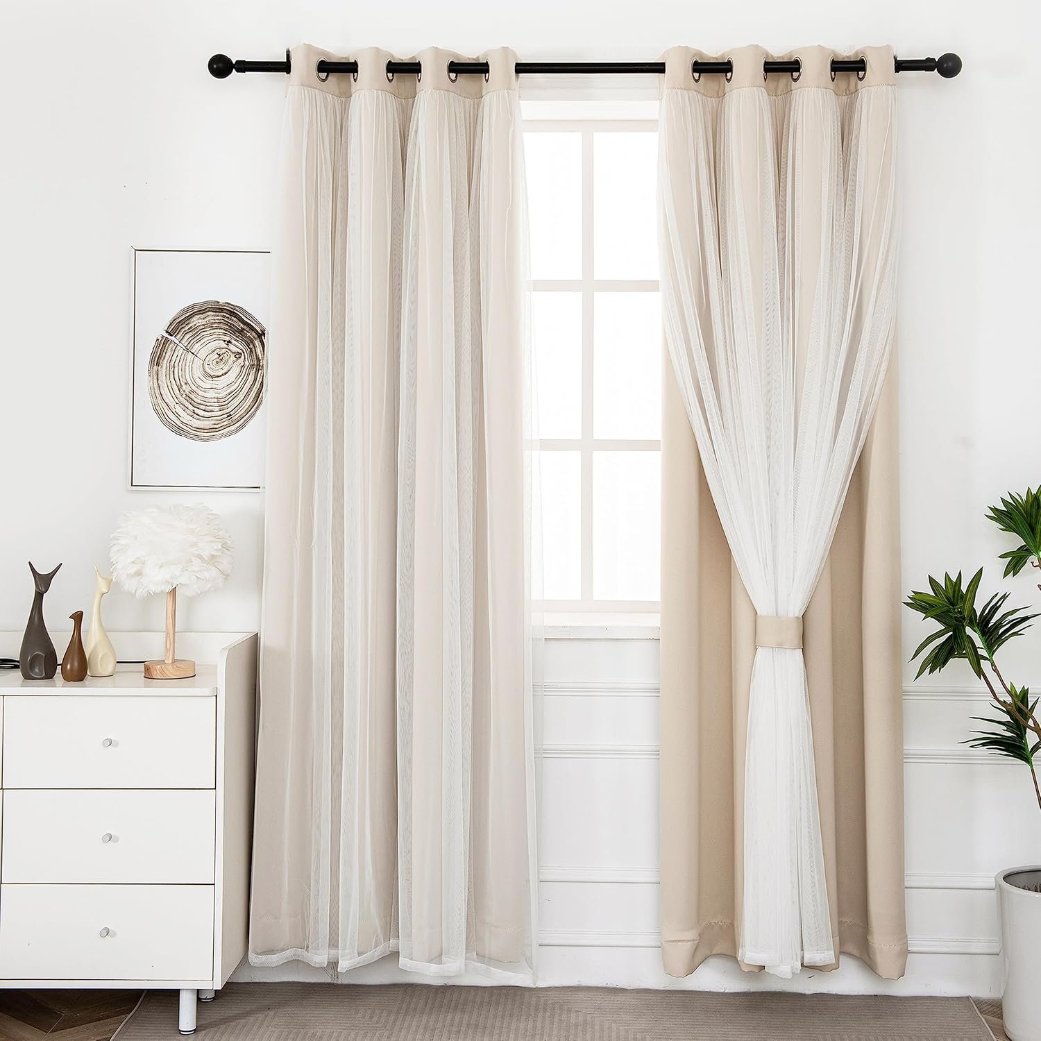 INLINAS Beige Blackout Curtains with Sheer Overlay – Grommet Top Thermal and Noise Reduction Panels for Bedroom and Living Room Light Blocking and Energy Saving, 52 x 84 Inches, Set of 2