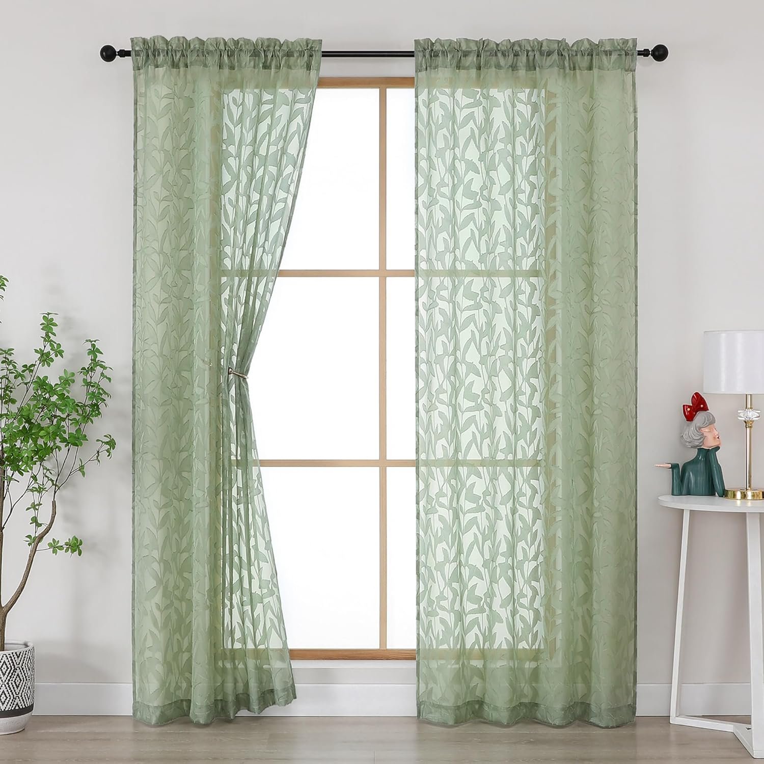 Gwine Sage Green Curtains 84 Inches Long 2 Panels Set, Light Filtering Soft Lightweight Sheer Curtains, Leaf Clip Jacquard Textured Curtain for Bedroom Living Room, 42Wx84L Inches, 2PCS