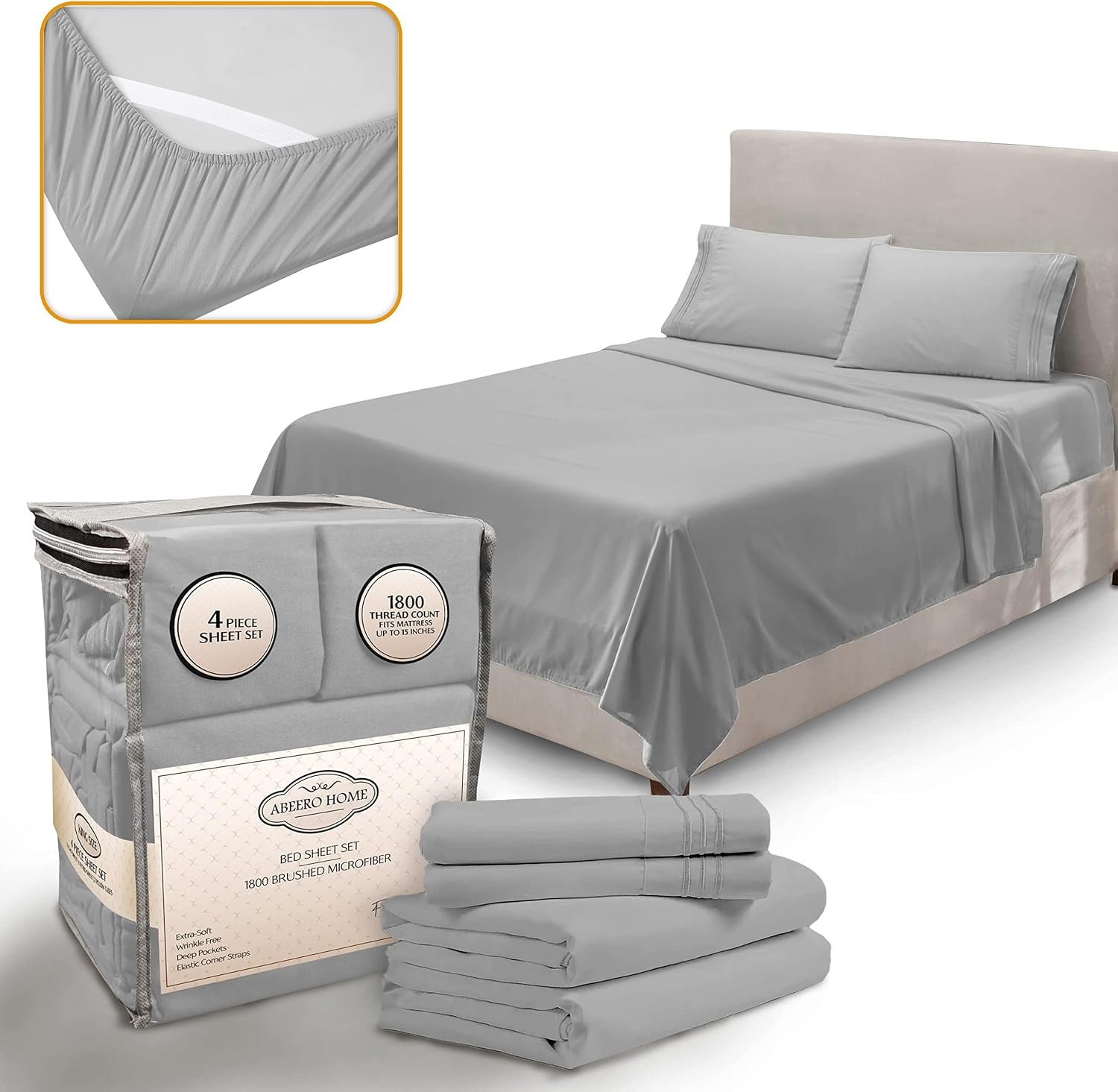 Abeero Home King Size Sheets Set Cooling – Luxury Hotel Sheets – Soft Bed Sheet with Elastic Corner Straps – Deep Pockets Microfiber Bedsheet – Bedding Sheet & Pillowcases -4 PC (King, Light Gray)