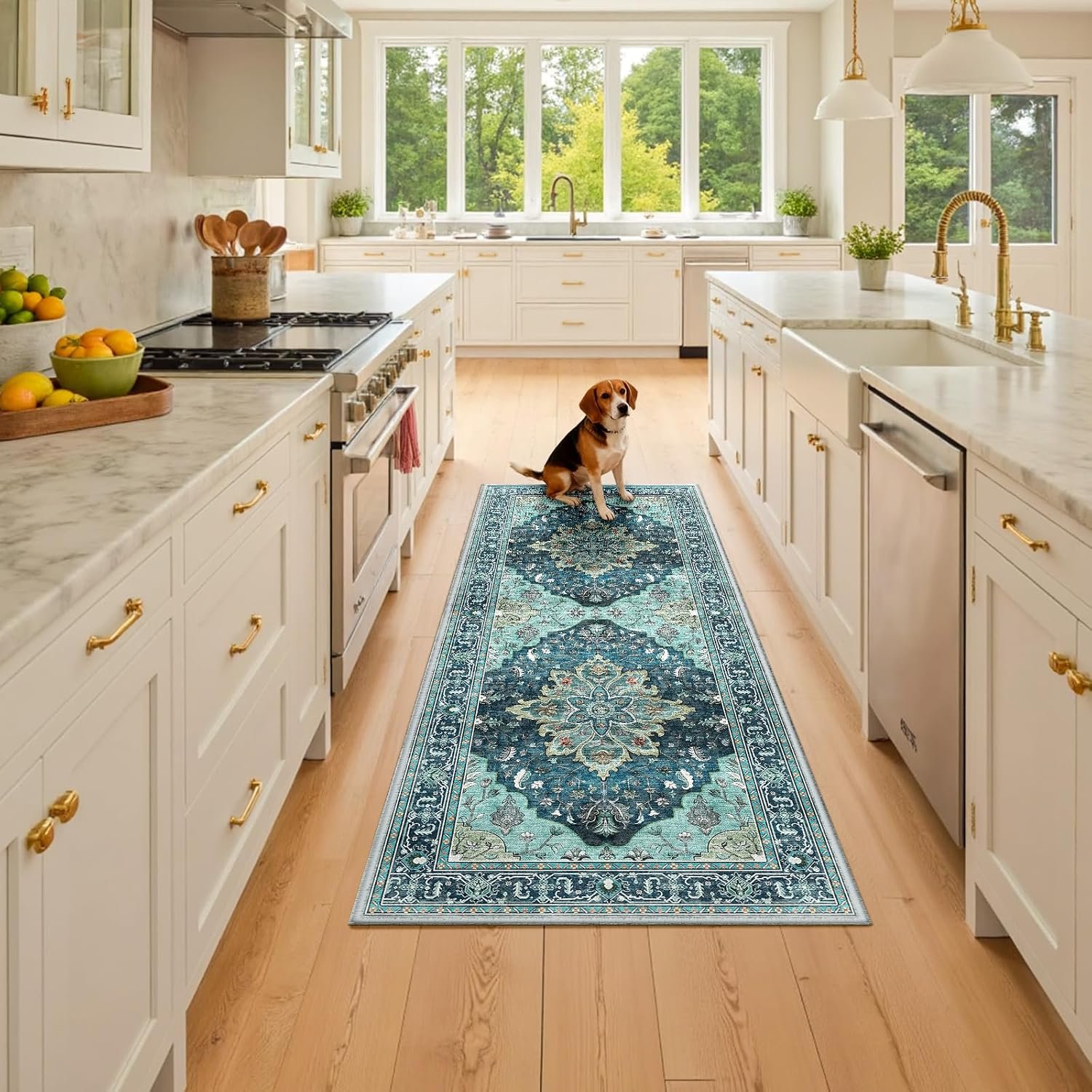 RELEANY Area Rugs 2’x6′ Washable Vacuum-Friendly, Non-Slip, Floral Vintage Distress Print Pattern Medallion Carpet for Living Room BedroomBrick Green Lake Blue Turquoise
