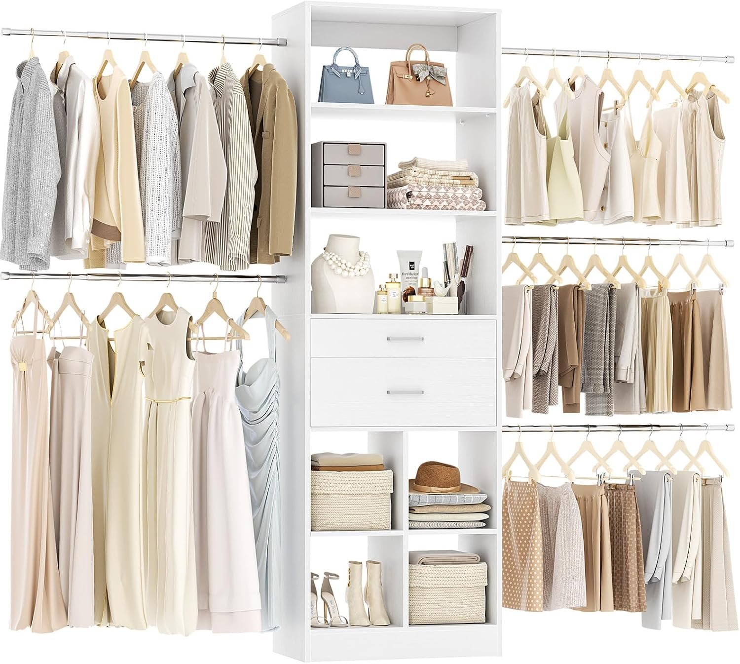 Besiost Closet System, 4-8 FT Closet Organizer Tower with 2 Wooden Drawers and 5 Hanging Rods, Can Fit 60 to 96 inch Walk-in Closet System, White