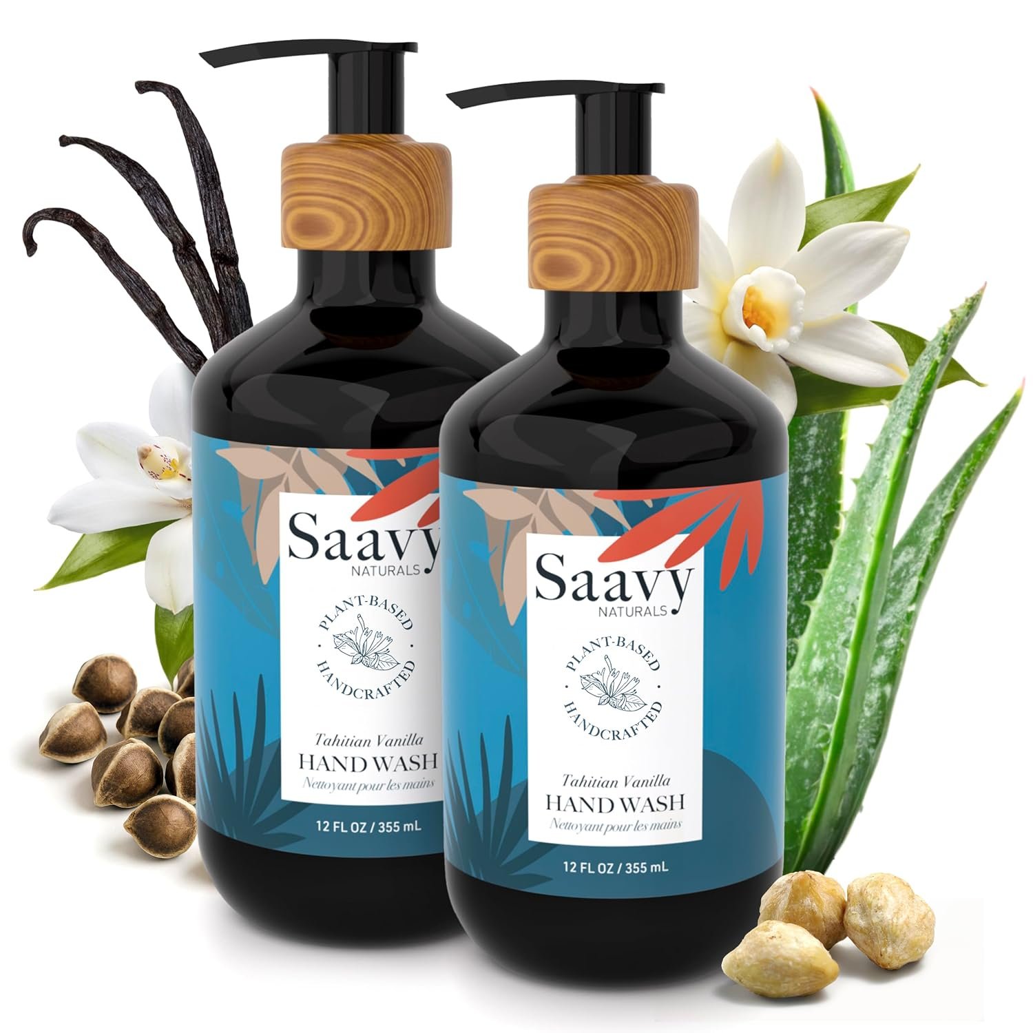 Saavy Naturals Hand Wash – Plant-Based Liquid Hand Soap with Aloe Vera, Shea Butter & Essential Oils – Sulfate-Free, Moisturizing, Food-Grade Ingredients – Tahitian Vanilla – 12 fl oz, 2 pack