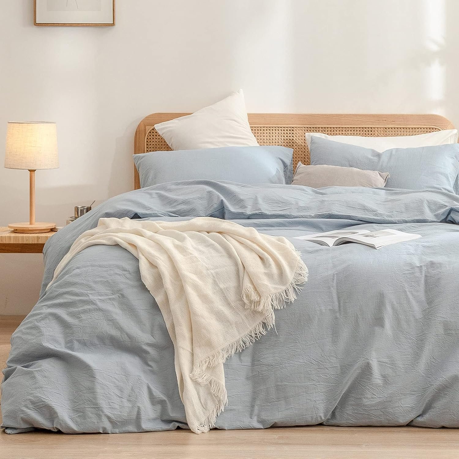 BESTOUCH Cotton Solid Duvet Cover Set Linen Feel Cornflower Blue Queen | Washed Cotton, Linen Feel, Soft Wrinkle Texture, Hidden Zipper, 8 Ties, Breathable Lightweight Durable Comfy, 3Pcs No Insert