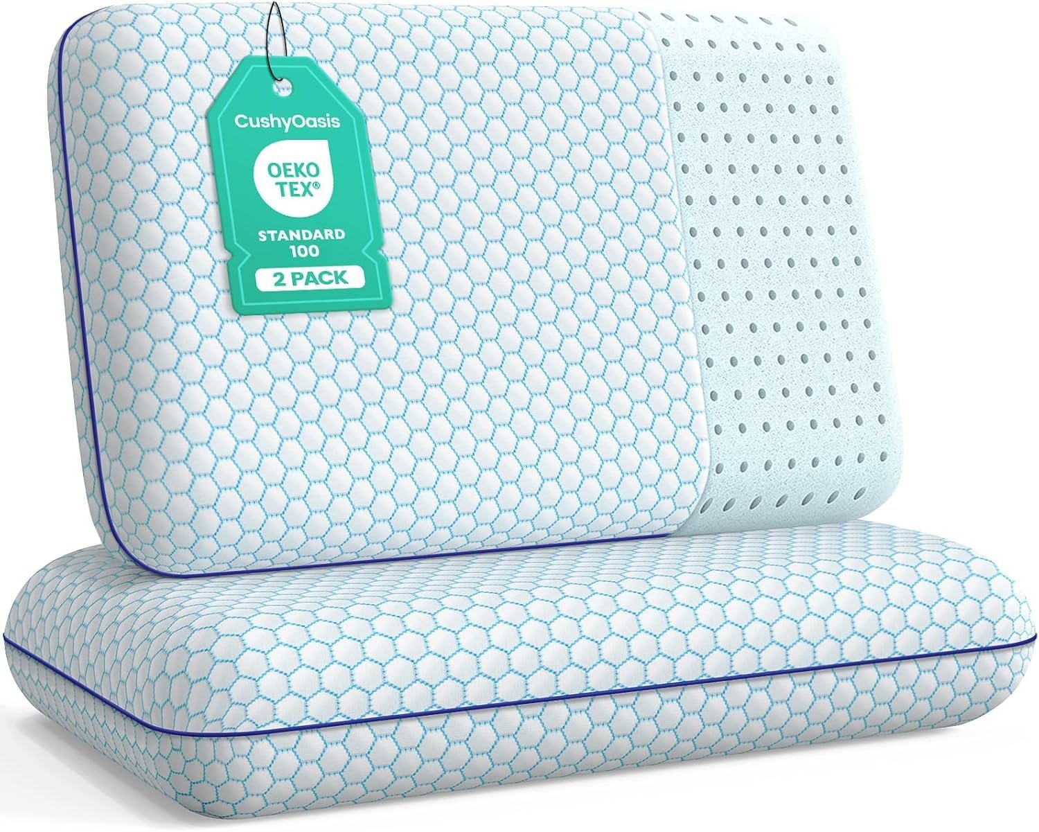 CushyOasis Memory Foam Pillows for Side, Back and Stomach Sleepers, Set of 2, Bed Pillow with Washable Cover and Breathable Mesh, Bed Pillow for Sleeping (Blue，Standard Size)