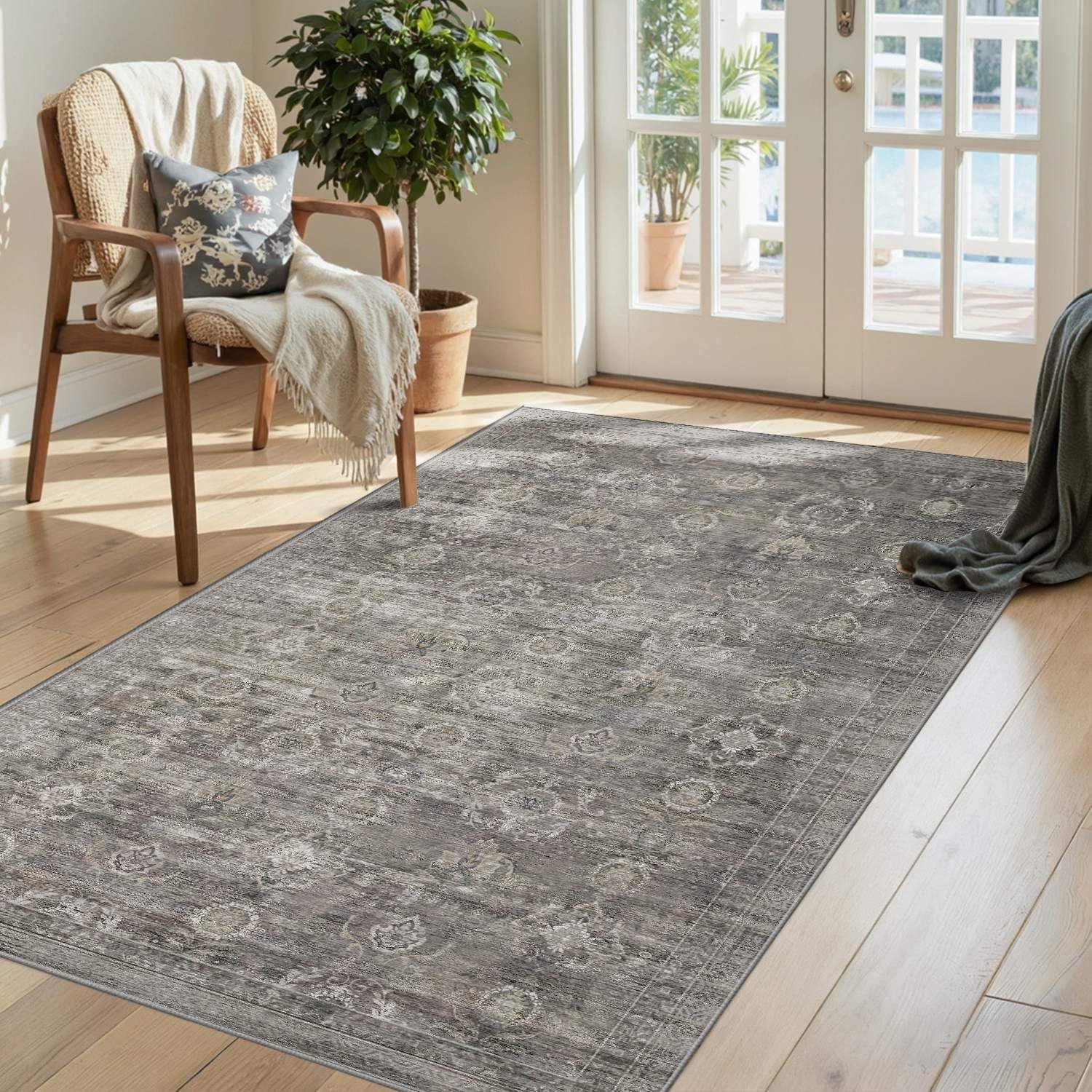 Rugxara 3×5 Rug for Entryway Bedroom, Grey 3×5 Washable Area Rug, Vintage Retro Boho Throw Rug, Non Slip & Low Pile Small Carpet for Indoor Kitchen, Bedside, Living Room, Bathroom and Dining