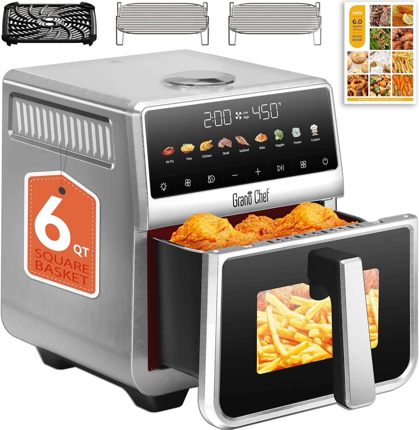 Stainless Steel Air Fryer 6 Qt, Ceramic glaze Air Fryer, Stainless Steel Housing& Full Metal Inner Pot, PTFE and PFAS Free, 9 Digital One-Touch Cook Functions,120°F~450°F, 1700W