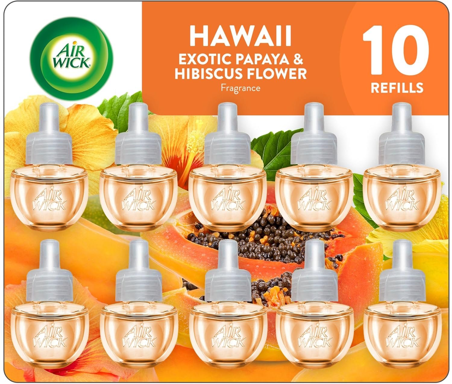 Air Wick Plug-In Scented Oil Refills, 10 Count, Hawaii Exotic Papaya and Hibiscus Flower, Air Freshener, Essential Oils, Eco Friendly