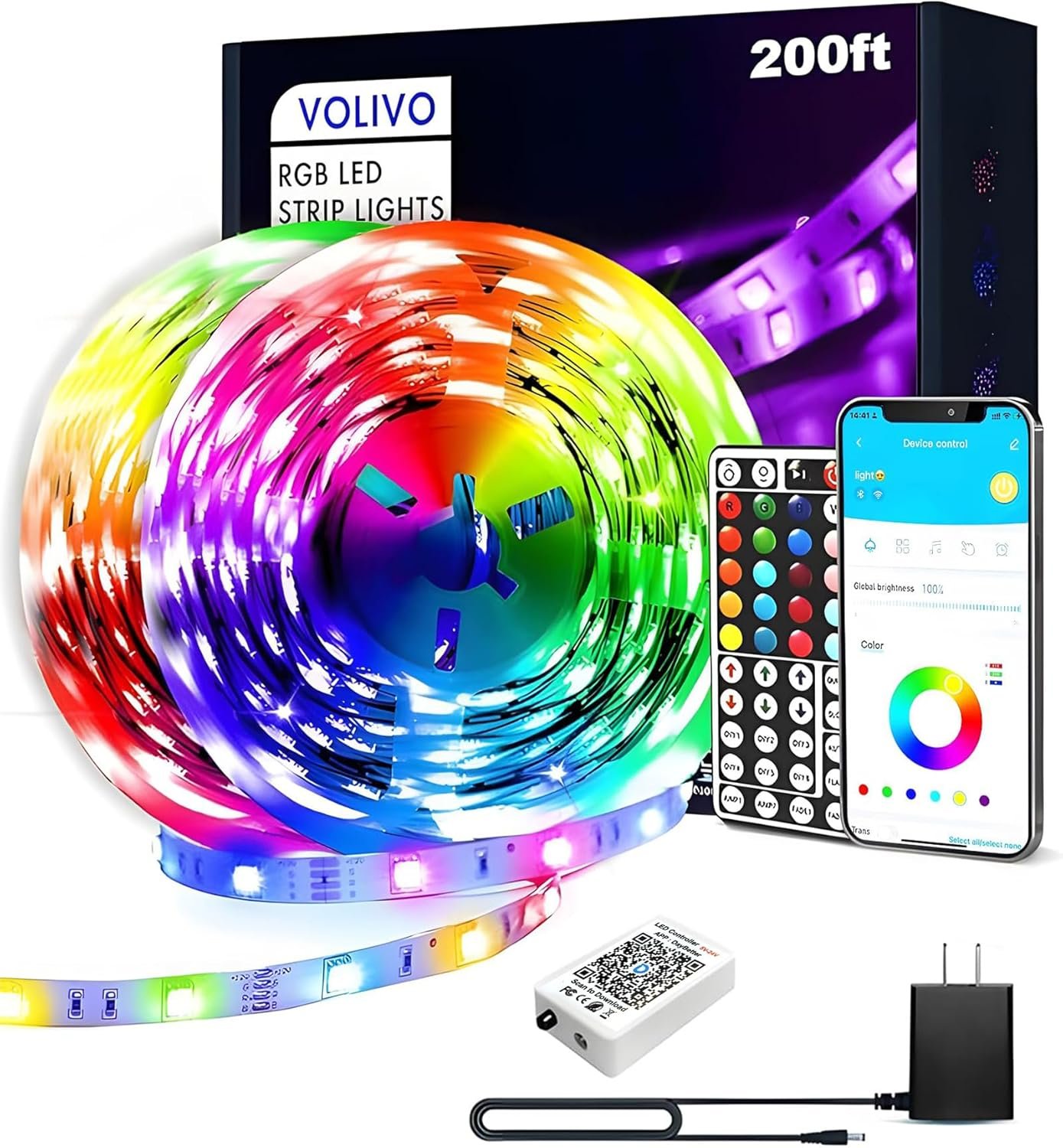 VOLIVO LED Strip Lights for Bedroom 200ft(2 Rolls of 100 ft), Smart Bluetooth RGB Light Strips with App Control & Music Sync, Color Changing LED Lights for Room, Home, Party Decor