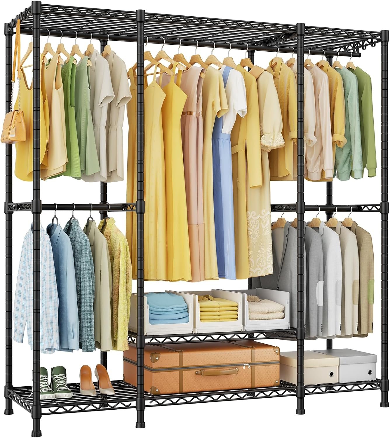 Ulif E3 Heavy Duty Garment Rack, 4 Tiers Freestanding Closet Organizer System with 5 Shelves, Metal Closet Organizer and Storage System for Clothes, Max Load 850lbs, 58.4″W x 15.7″D x 77.3″H, Black