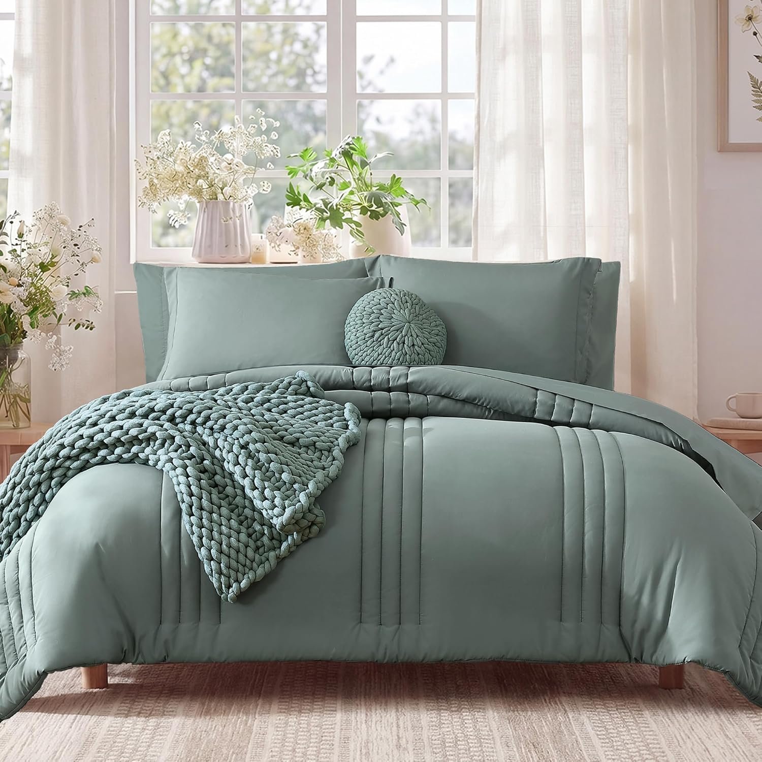 Monbix Queen Comforter Set – 7 Pieces Sage Green Bed in a Bag Queen Bedding Sets with Comforters, All Seasons Comforter Bed Set with Sheets,Pillowcases & Shams