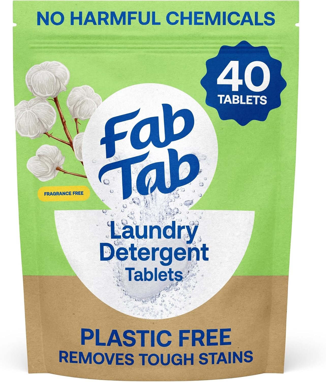 Fab Tab Laundry Detergent Tablets, Clean Ingredients, Sensitive Skin Friendly, Powerful & Gentle Clean, Unscented, Plastic-Free Alternative to Liquids, Laundry Pods and Sheets, 40 Count.