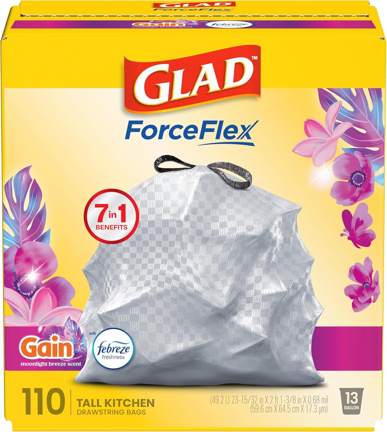 Glad ForceFlex Tall Kitchen Trash Bags, 13 Gallon, Gain Moonlight Breeze, 110 Ct (Package May Vary)